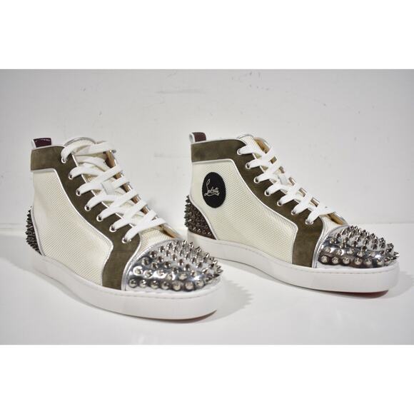 Christian Louboutin Mens Lou Spikes 2 Flat White Green High Top Sneaker 48 15 - Picture 4 of 12